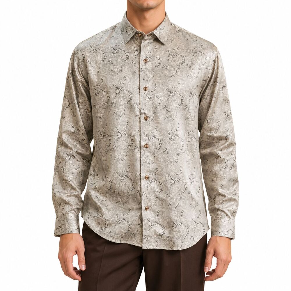 Mens Large Champagne Paisley Silky Long Sleeve Button Up Dress Shirt Luxury NWT